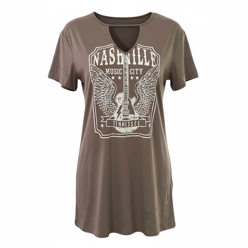Nashville Music City Graphic Tee Dress - Brown PTP 19”